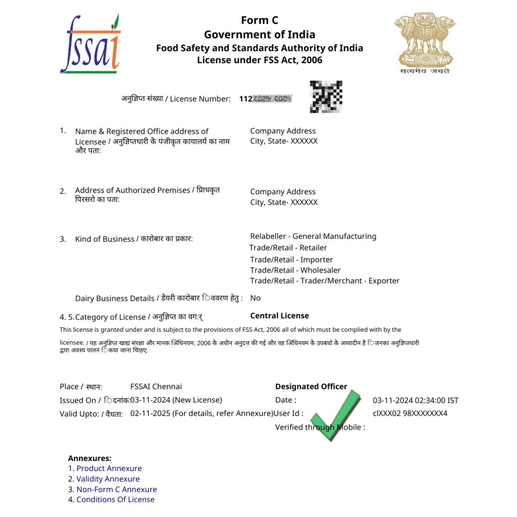 FSSAI License Sample