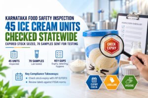 Food safety inspection of 45 ice cream units with check expiry and lab testing.